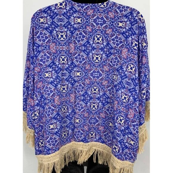 Forever 21 Womens Kimono Cover Up Size Small S Blue Fringe Boho Casual NWT New - Picture 4 of 9